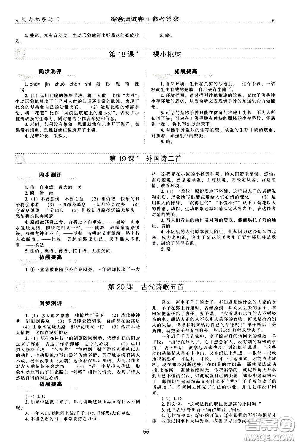 2020年能力拓展練習七年級下冊語文人教版參考答案