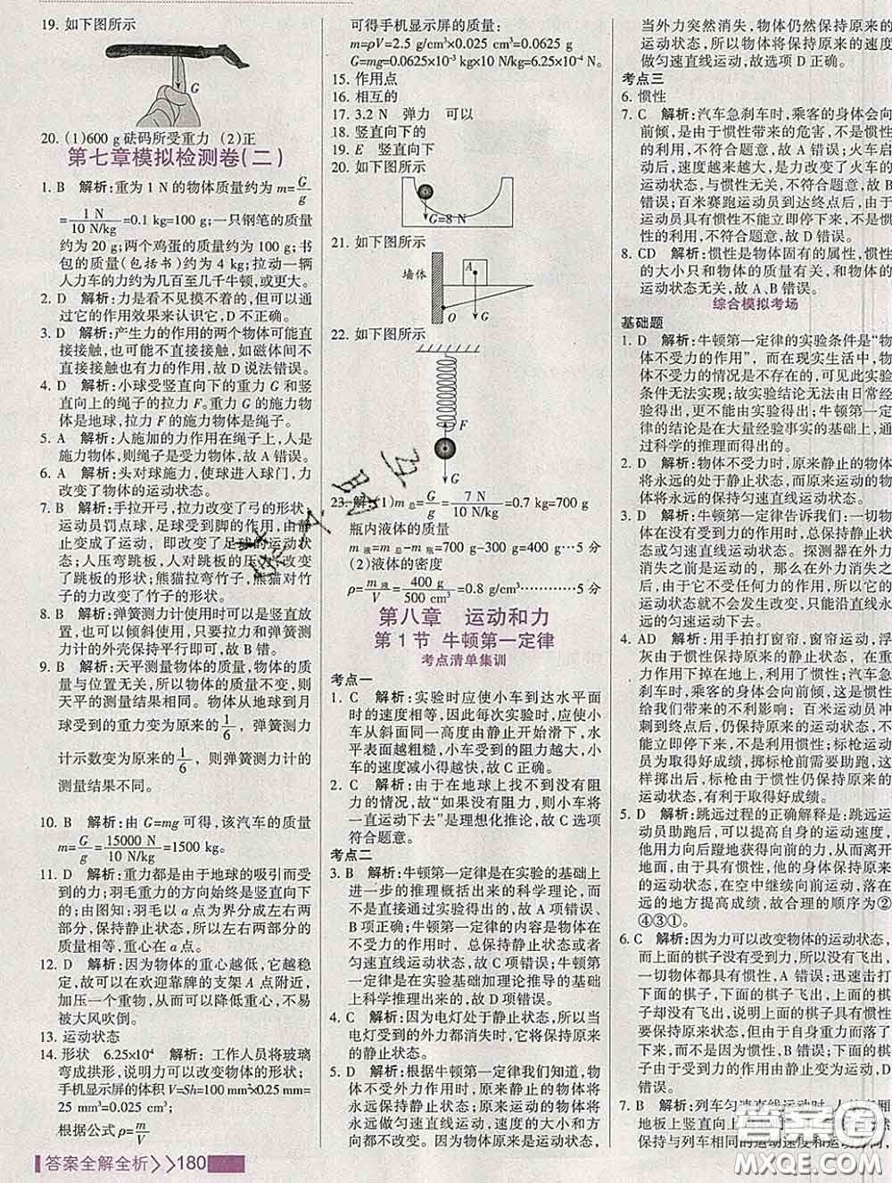 2020新版考點(diǎn)集訓(xùn)與滿分備考八年級物理下冊人教版答案