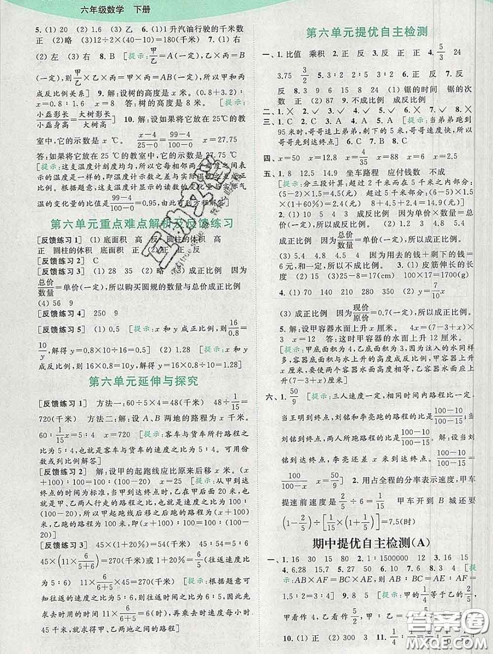 2020春亮點給力提優(yōu)班多維互動空間六年級數(shù)學(xué)下冊答案