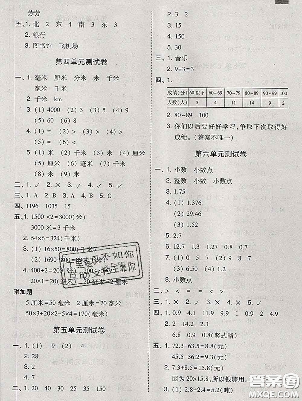 2020春北大綠卡課時同步訓(xùn)練三年級數(shù)學(xué)下冊冀教版參考答案