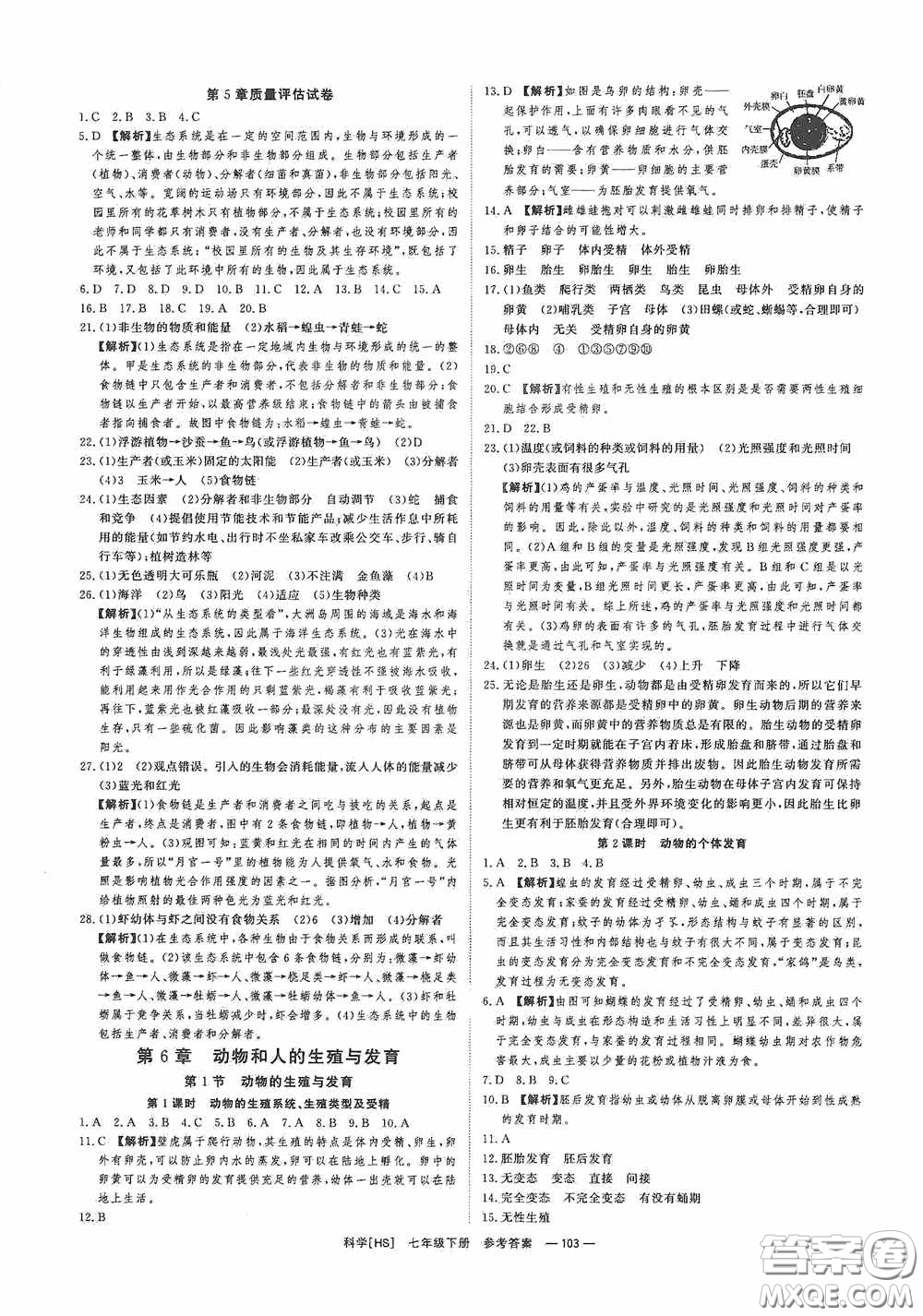 2020全效提分卷七年級科學(xué)下冊華師大版答案