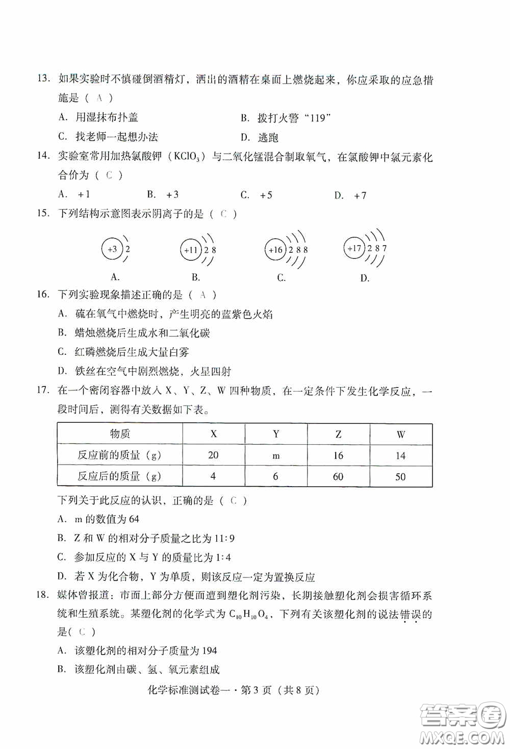 優(yōu)佳學(xué)案2020云南省初中學(xué)業(yè)水平考試標(biāo)準(zhǔn)測(cè)試卷化學(xué)答案