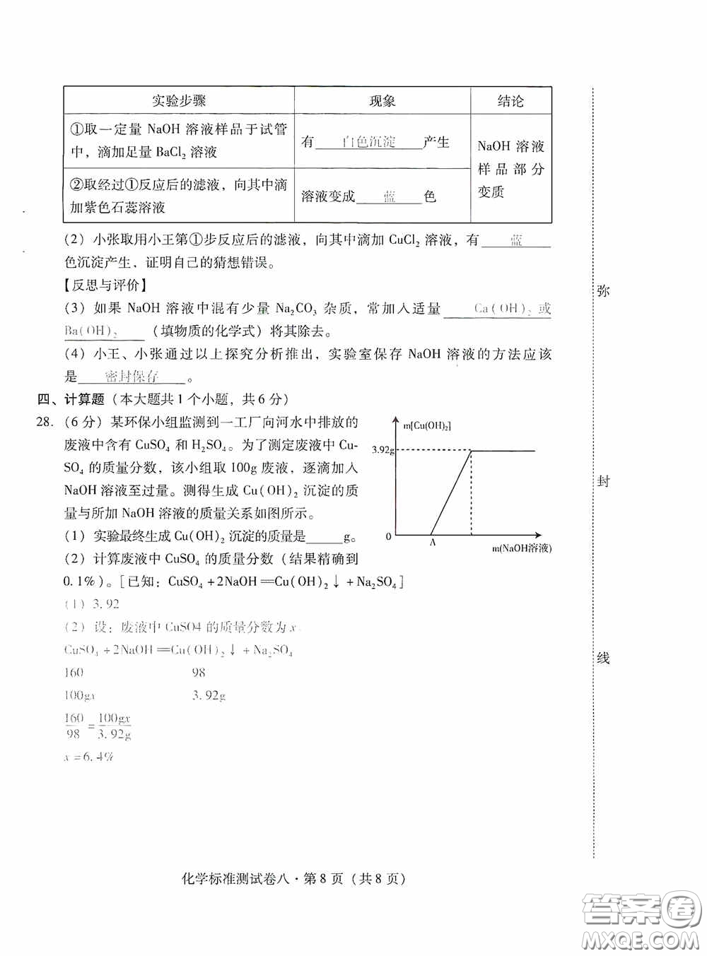 優(yōu)佳學(xué)案2020云南省初中學(xué)業(yè)水平考試標(biāo)準(zhǔn)測(cè)試卷化學(xué)答案