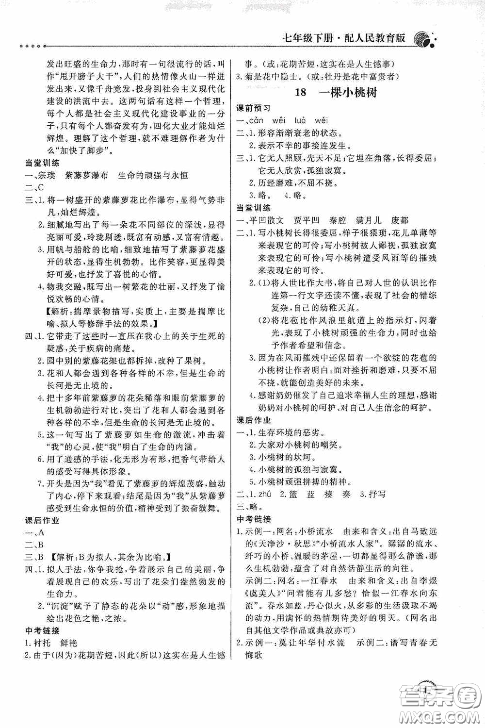 北京教育出版社2020新課堂同步訓(xùn)練七年級(jí)語文下冊(cè)人民教育版答案