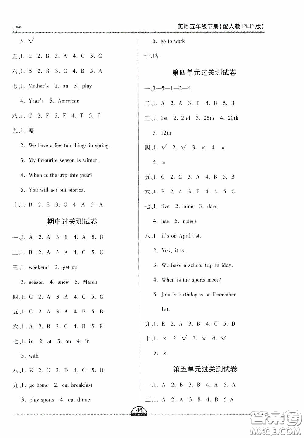 江西人民出版社2020一課一案創(chuàng)新導(dǎo)學(xué)五年級英語下冊合訂本人教版答案