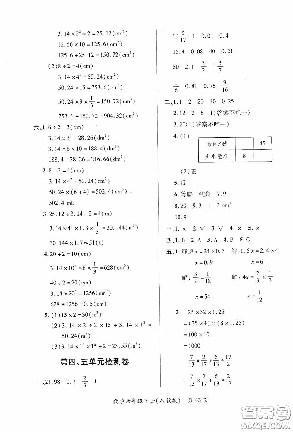 江西人民出版社2020一課一案創(chuàng)新導學六年級數學下冊合訂本人教版答案