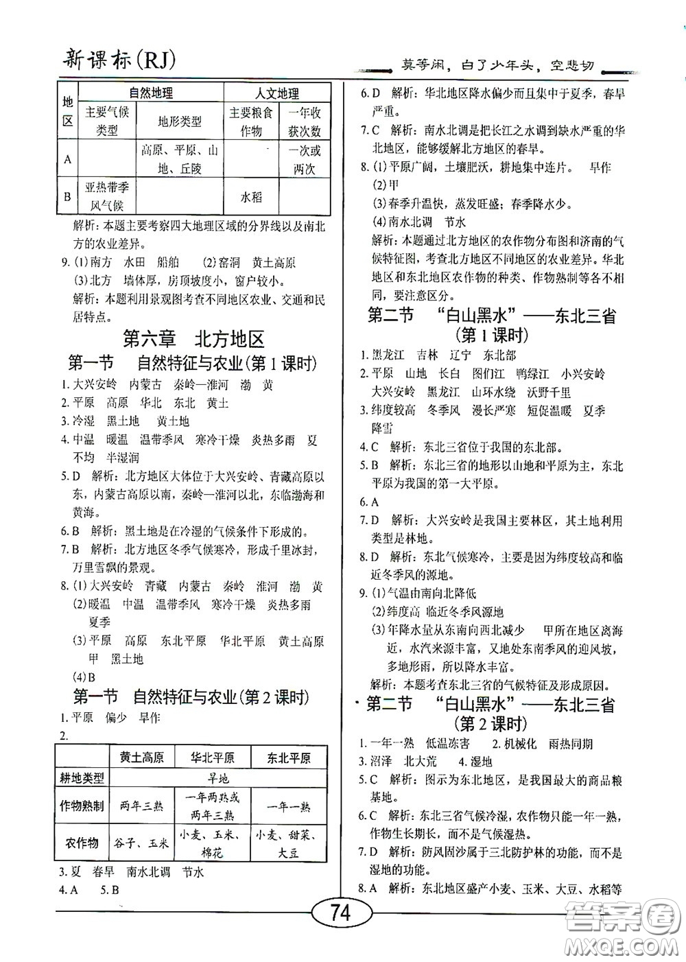 陽光出版社2020新編隨堂10分鐘八年級地理下冊人教版答案