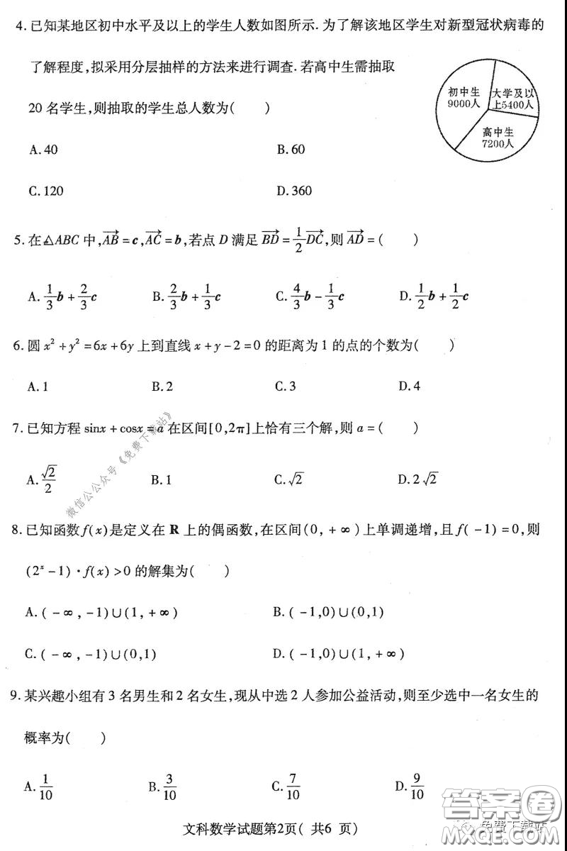 臨汾市2020年高考考前適應(yīng)性訓(xùn)練考試二文科數(shù)學(xué)試題及答案