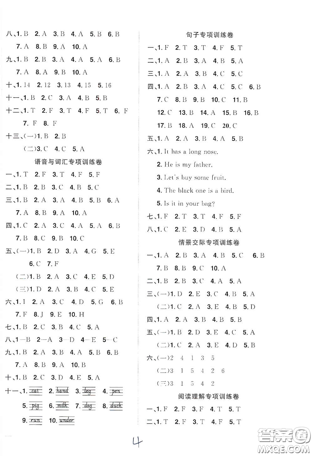 浙江教育出版社2020陽光同學(xué)全優(yōu)達(dá)標(biāo)好卷三年級(jí)英語下冊(cè)浙江專版答案