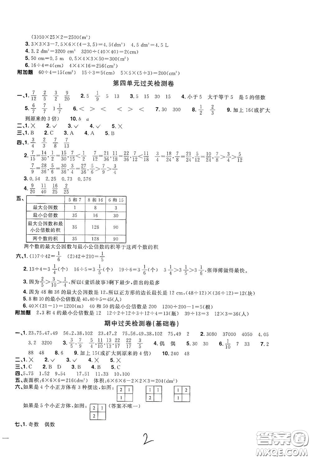 浙江教育出版社2020陽光同學(xué)全優(yōu)達(dá)標(biāo)好卷五年級數(shù)學(xué)下冊人教版浙江專版答案