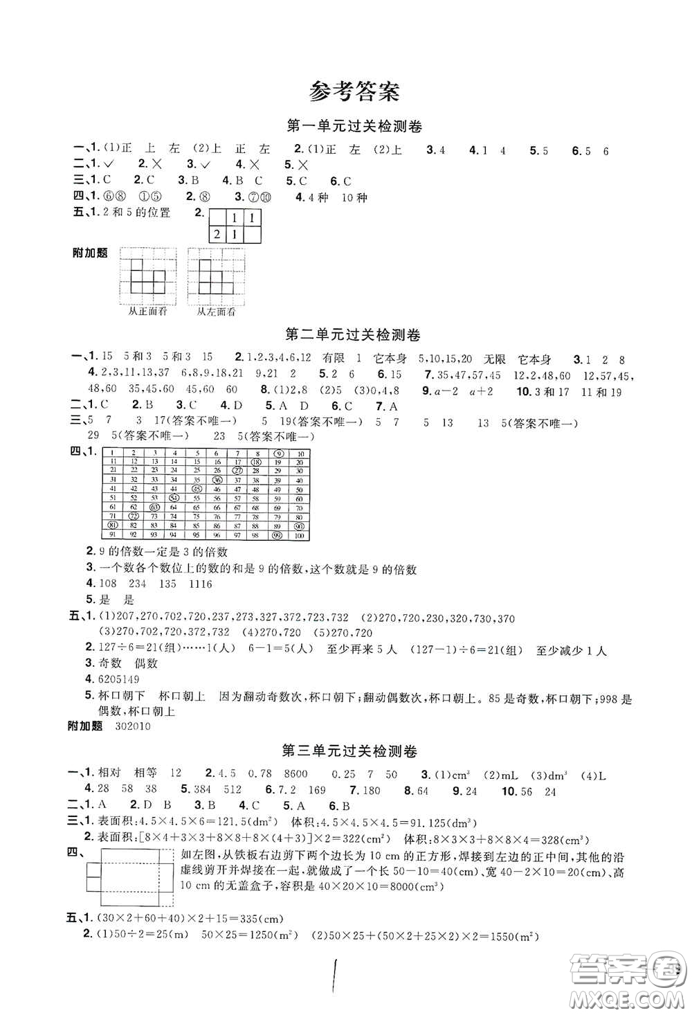 浙江教育出版社2020陽光同學(xué)全優(yōu)達(dá)標(biāo)好卷五年級數(shù)學(xué)下冊人教版浙江專版答案