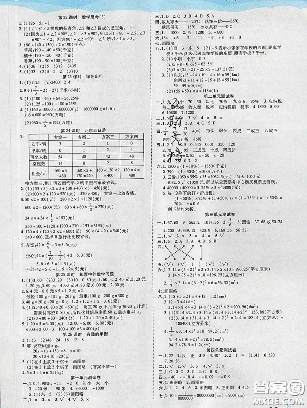 中州古籍出版社2020春黃岡課課練六年級數(shù)學(xué)下冊人教版答案