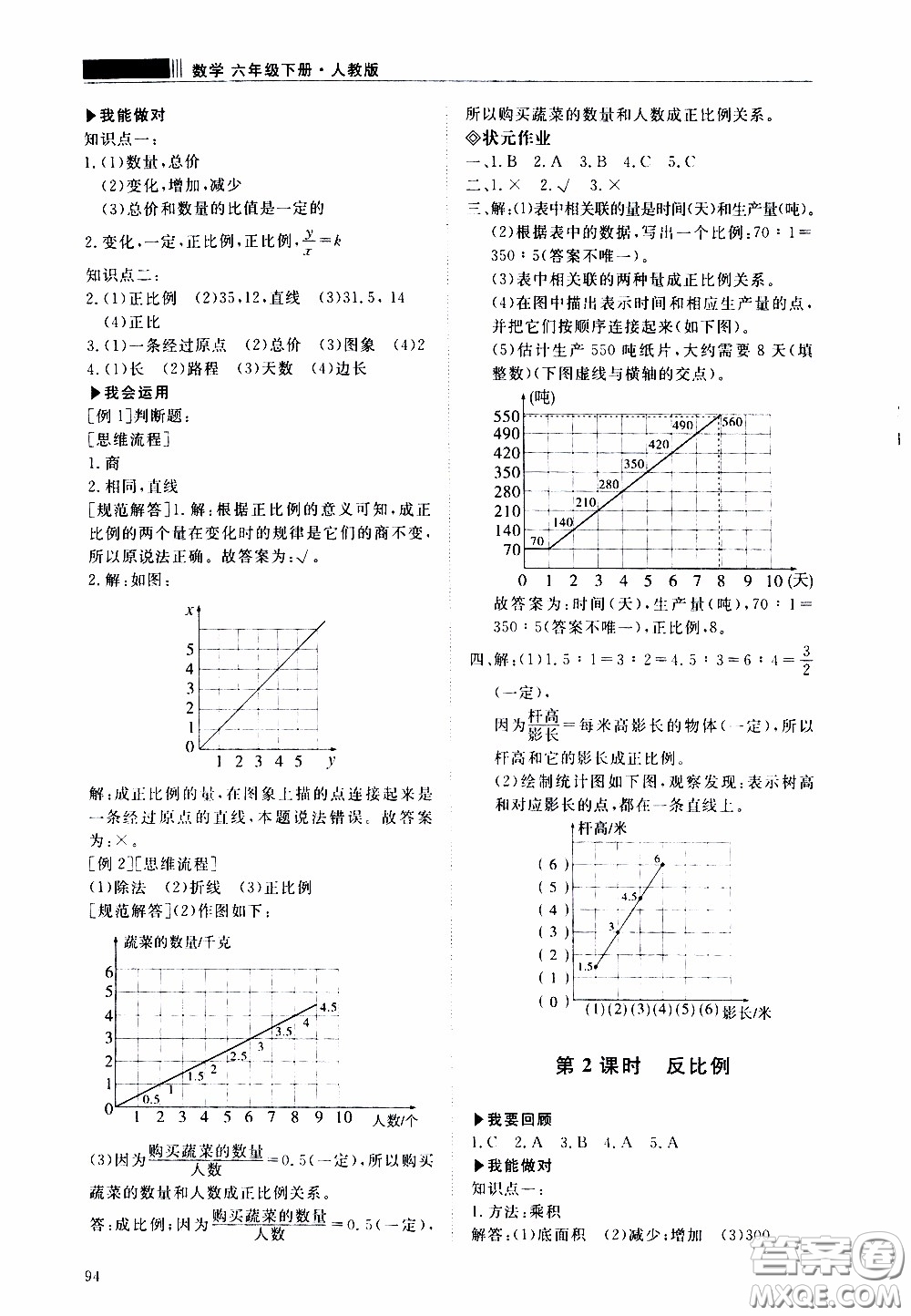 2020年知行課堂數(shù)學(xué)六年級下冊人教版參考答案