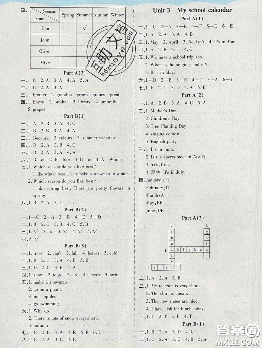 中州古籍出版社2020春黃岡課課練五年級(jí)英語(yǔ)下冊(cè)人教版答案