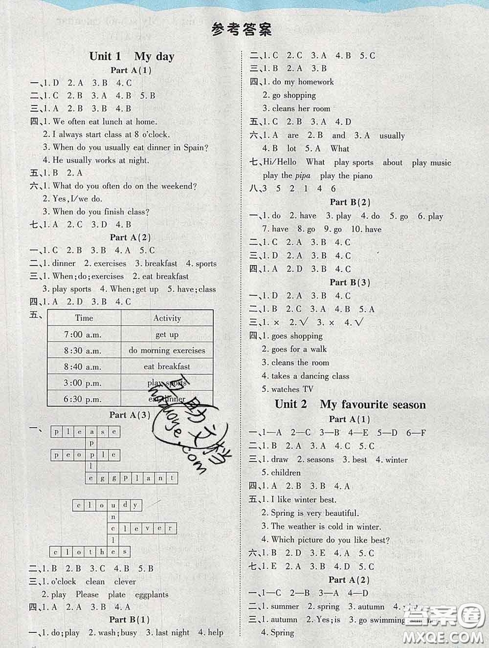 中州古籍出版社2020春黃岡課課練五年級(jí)英語(yǔ)下冊(cè)人教版答案