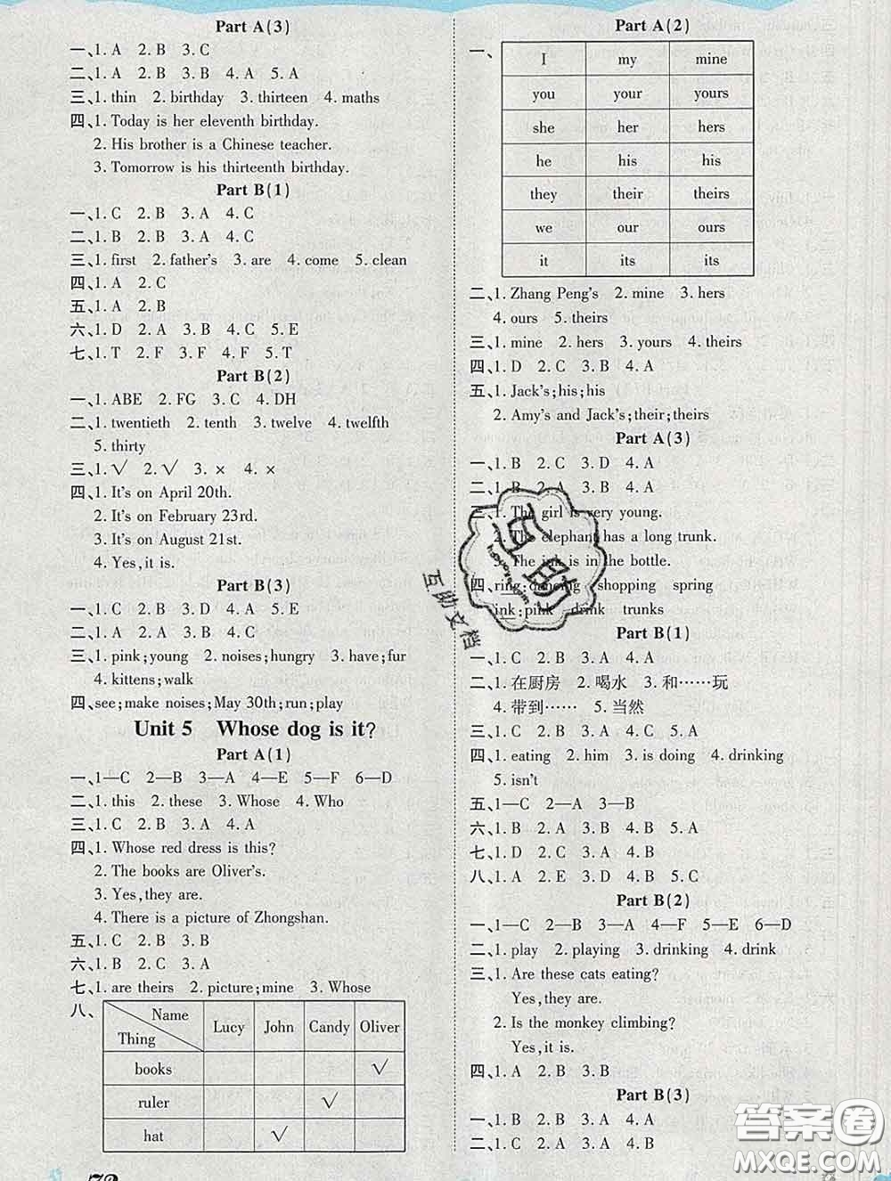 中州古籍出版社2020春黃岡課課練五年級(jí)英語(yǔ)下冊(cè)人教版答案