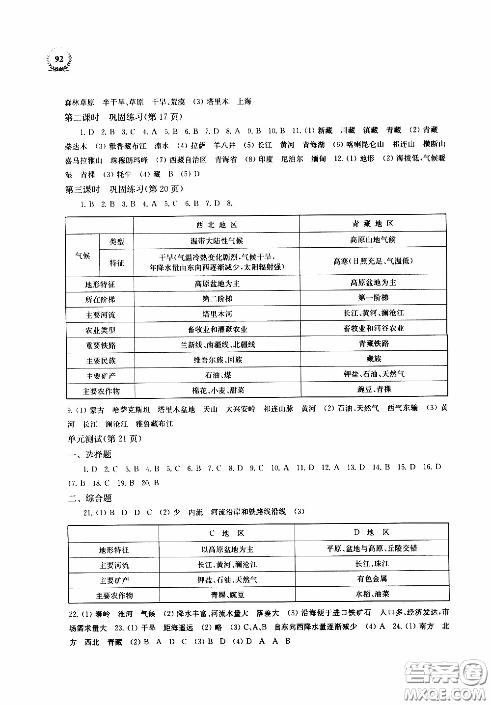 2020年探究與訓(xùn)練地理八年級(jí)下學(xué)期用湘教版參考答案