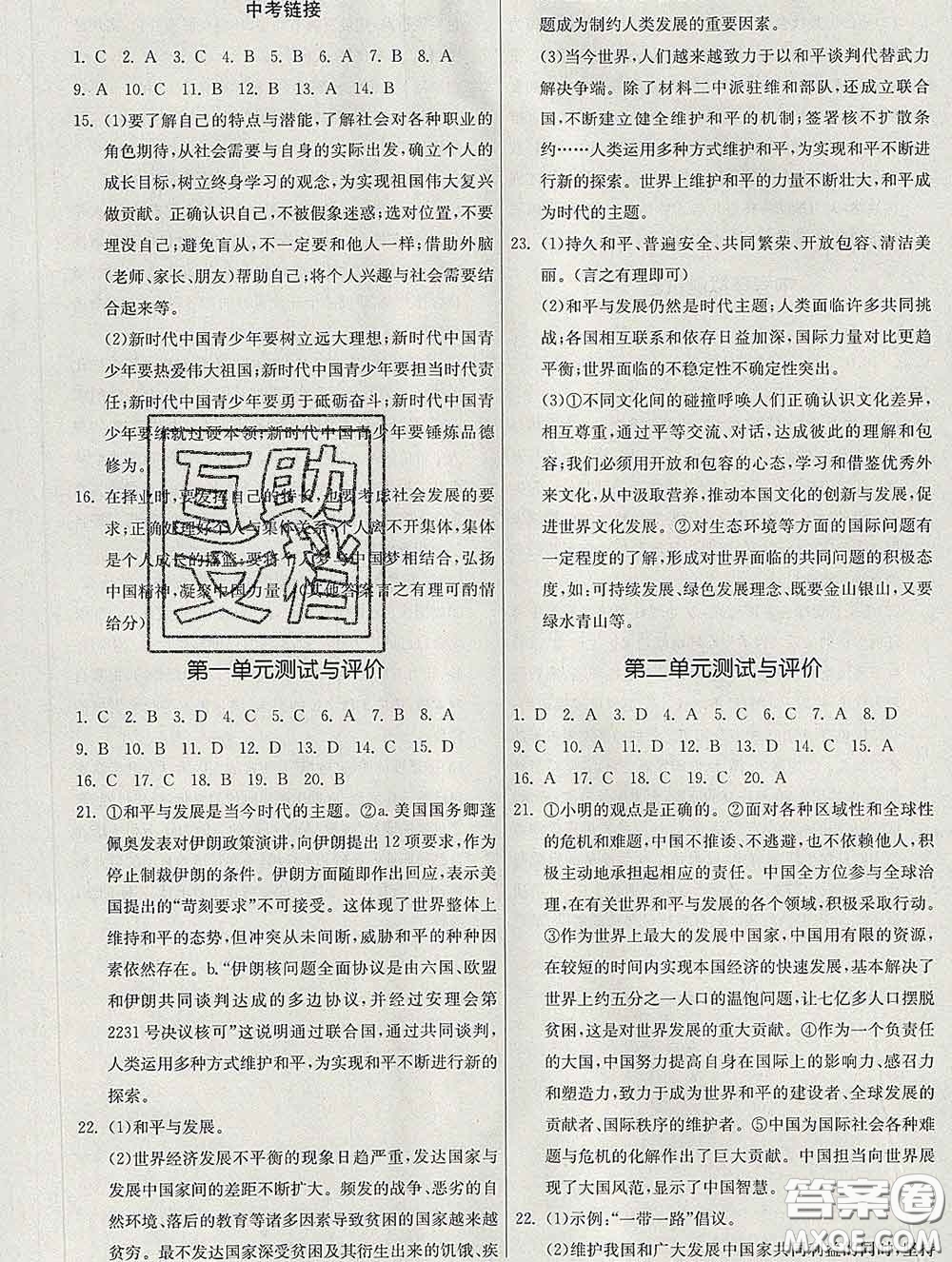 2020春名師小課堂同步精練九年級道德與法治下冊人教版答案