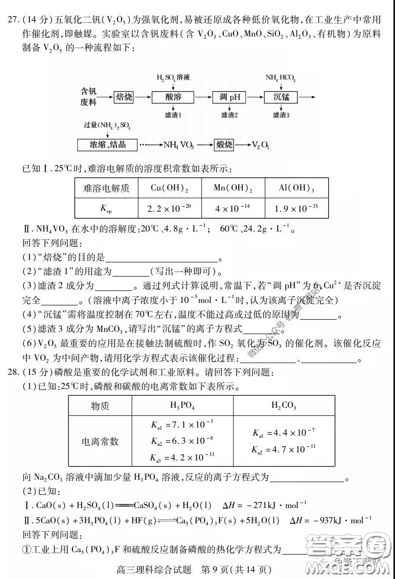 運城市2020年高三4月調(diào)研測試理科綜合試題及答案