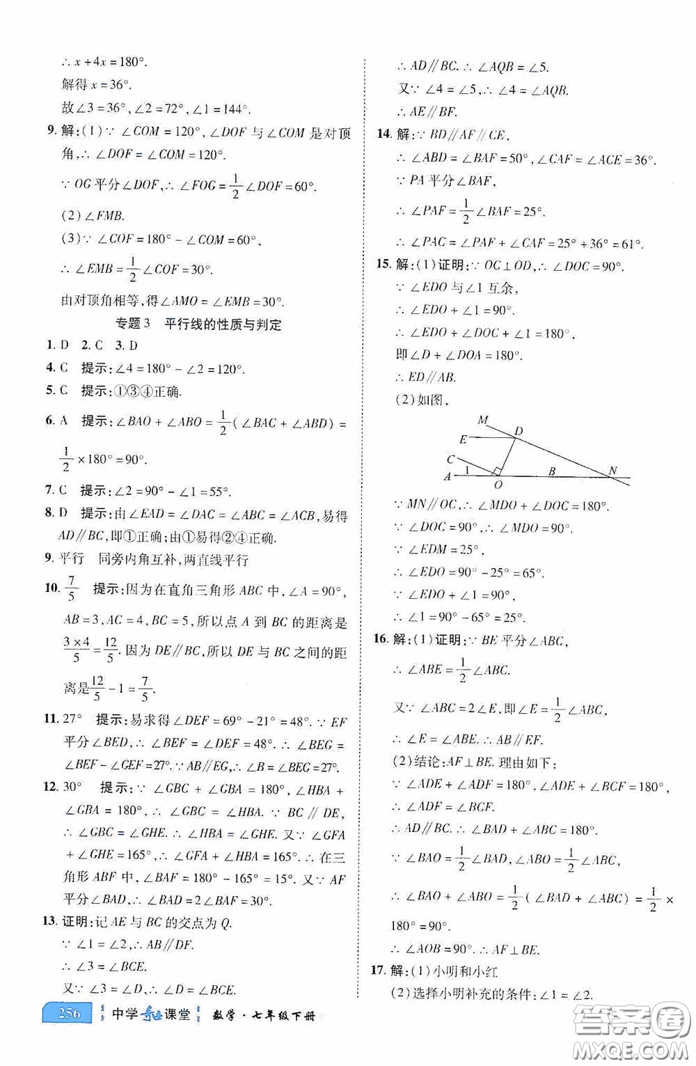 世紀(jì)英才中學(xué)奇跡課堂2020期末專題總復(fù)習(xí)七年級數(shù)學(xué)下冊人教版教材答案