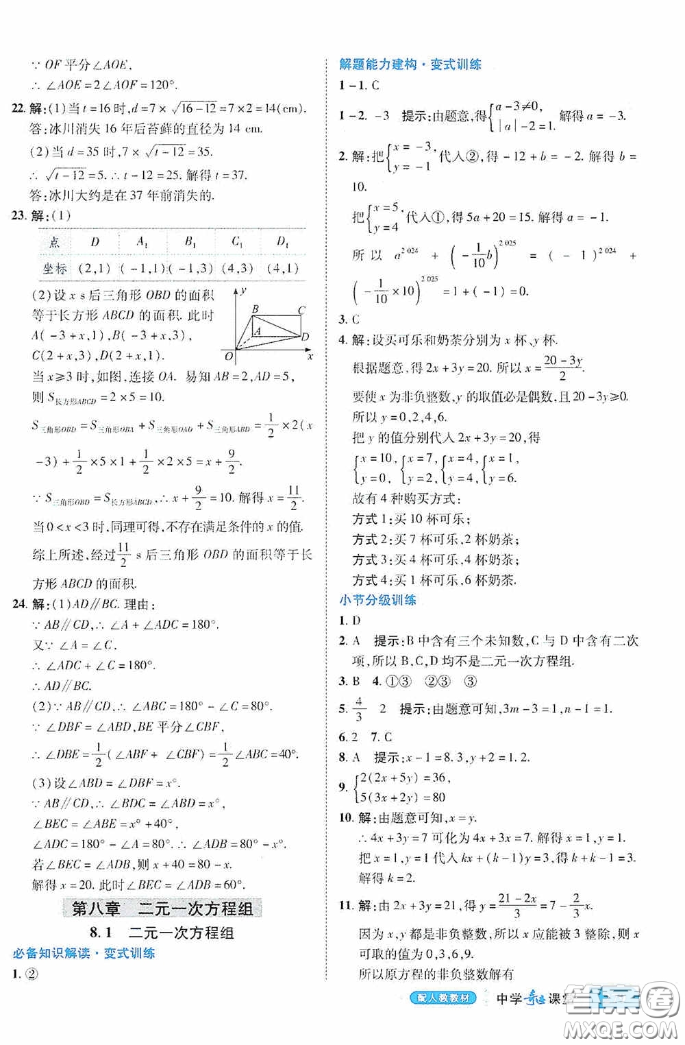 世紀(jì)英才中學(xué)奇跡課堂2020期末專題總復(fù)習(xí)七年級數(shù)學(xué)下冊人教版教材答案