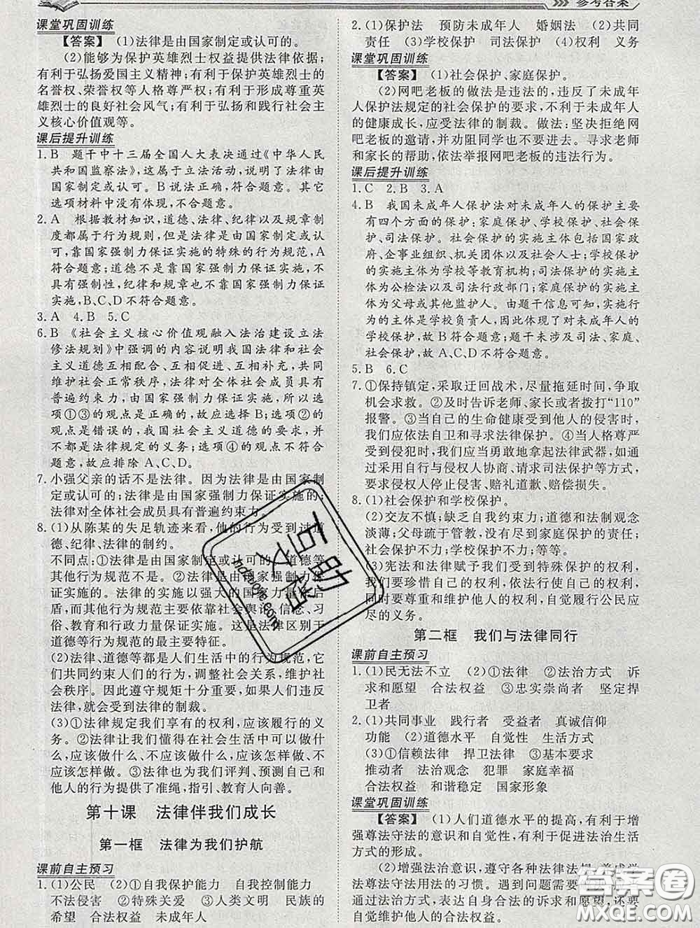 2020新版標(biāo)準(zhǔn)課堂作業(yè)七年級(jí)道德與法治下冊(cè)人教版參考答案