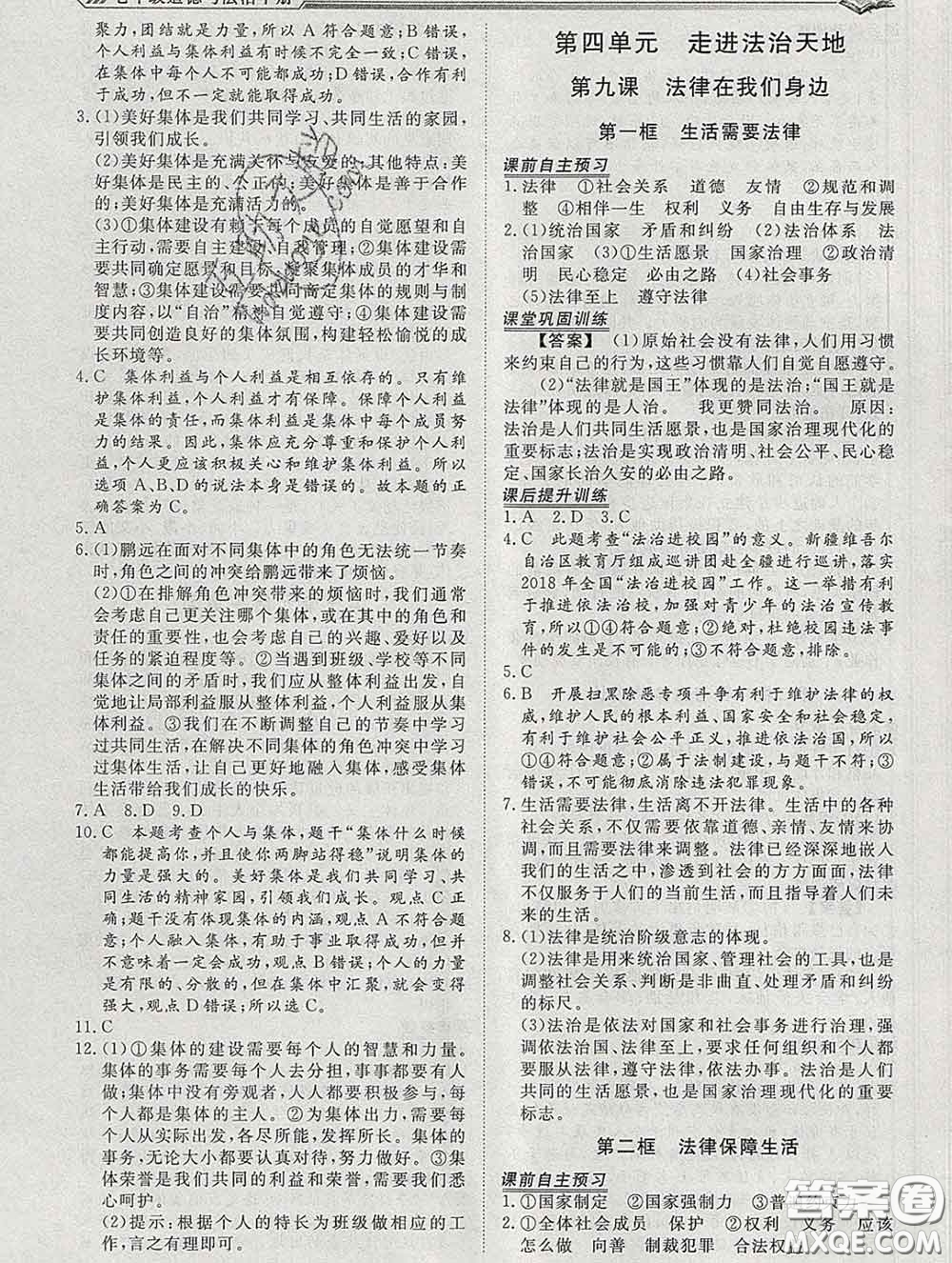 2020新版標(biāo)準(zhǔn)課堂作業(yè)七年級(jí)道德與法治下冊(cè)人教版參考答案