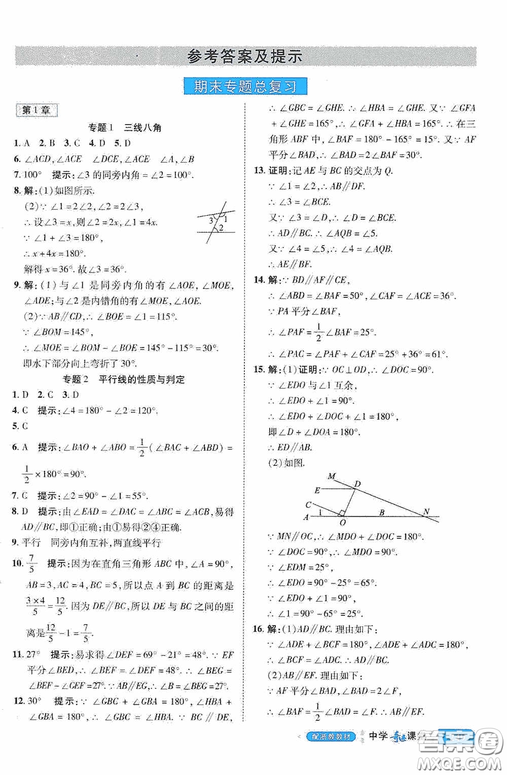 世紀(jì)英才中學(xué)奇跡課堂2020期末專題總復(fù)習(xí)七年級(jí)數(shù)學(xué)下冊(cè)浙教版教材答案