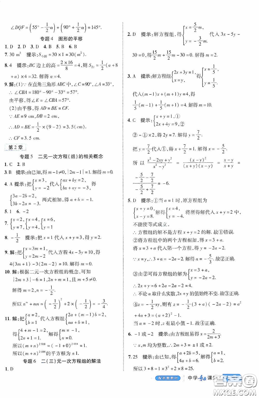 世紀(jì)英才中學(xué)奇跡課堂2020期末專題總復(fù)習(xí)七年級(jí)數(shù)學(xué)下冊(cè)浙教版教材答案