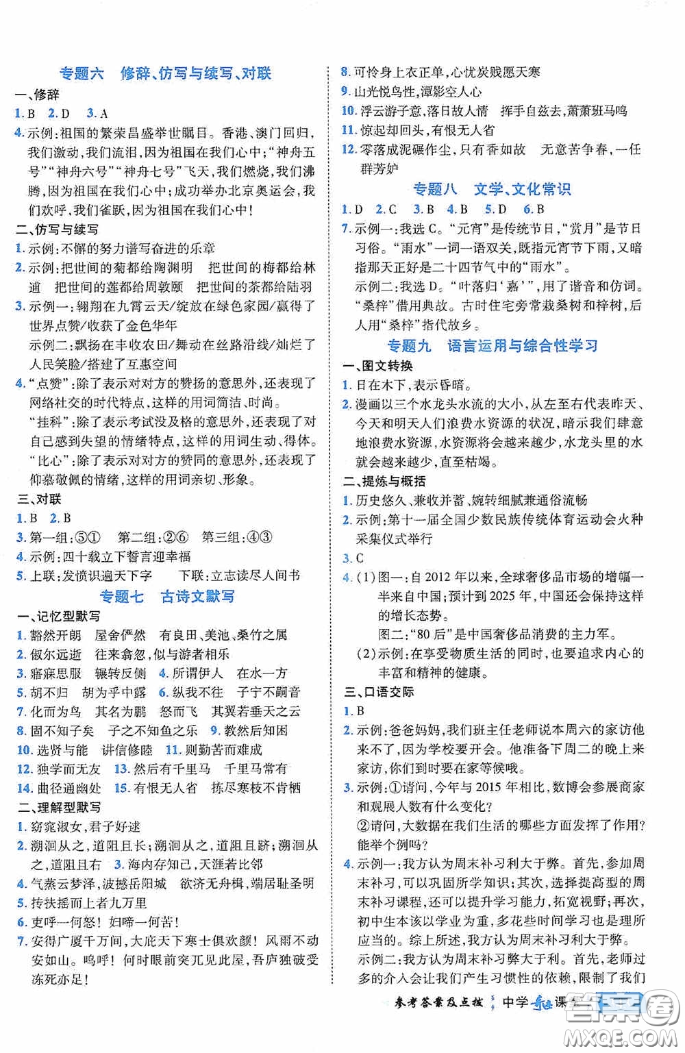 世紀(jì)英才中學(xué)奇跡課堂2020期末專題總復(fù)習(xí)八年級(jí)語(yǔ)文下冊(cè)統(tǒng)編版教材答案