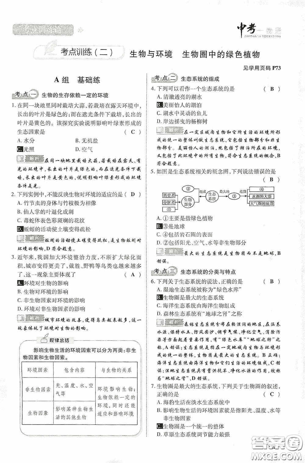 2020中考一卷通考點(diǎn)訓(xùn)練篇生物6篇訓(xùn)練答案