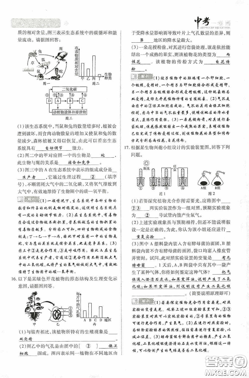 2020中考一卷通考點(diǎn)訓(xùn)練篇生物6篇訓(xùn)練答案