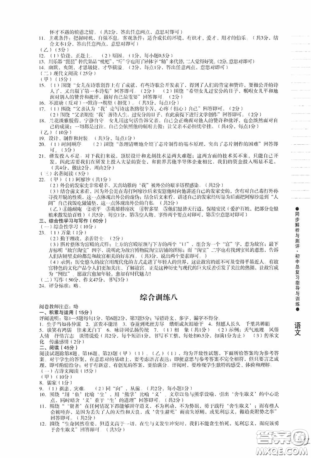 人民教育出版社2020同步解析與測評初中總復(fù)習(xí)指導(dǎo)與訓(xùn)練語文答案