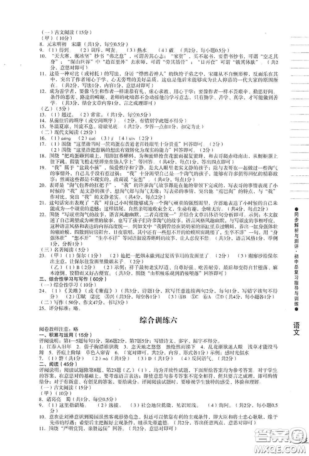 人民教育出版社2020同步解析與測評初中總復(fù)習(xí)指導(dǎo)與訓(xùn)練語文答案