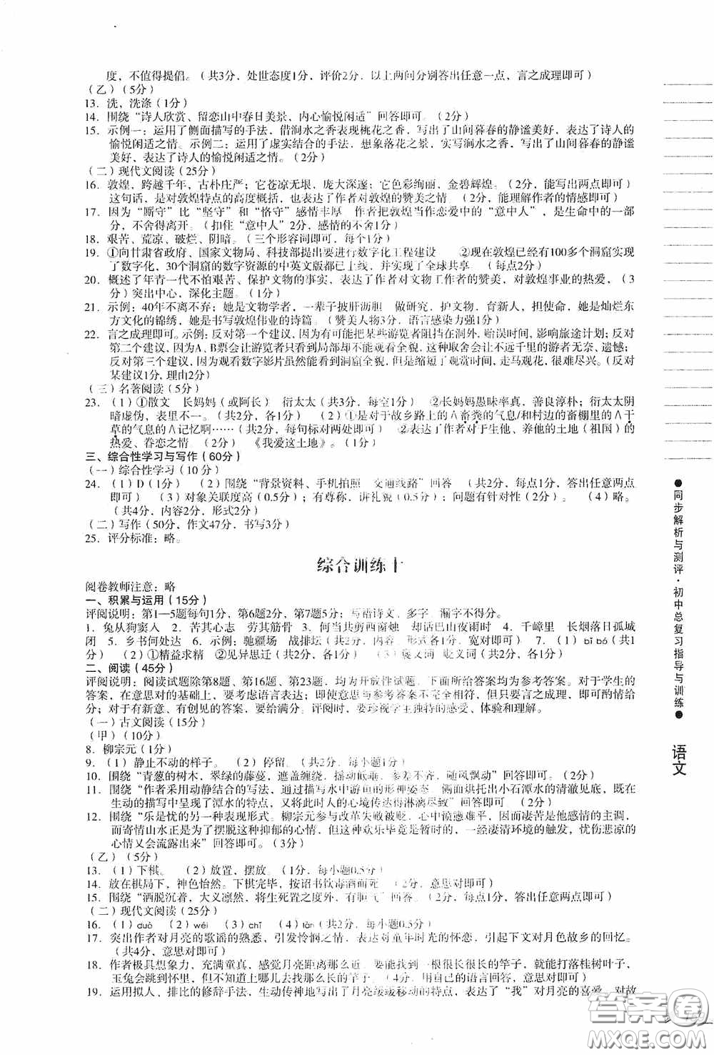 人民教育出版社2020同步解析與測評初中總復(fù)習(xí)指導(dǎo)與訓(xùn)練語文答案