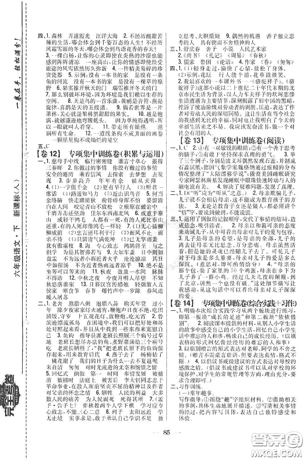 吉林人民出版社2020小學(xué)教材完全考卷六年級語文下冊新課標(biāo)人教版答案