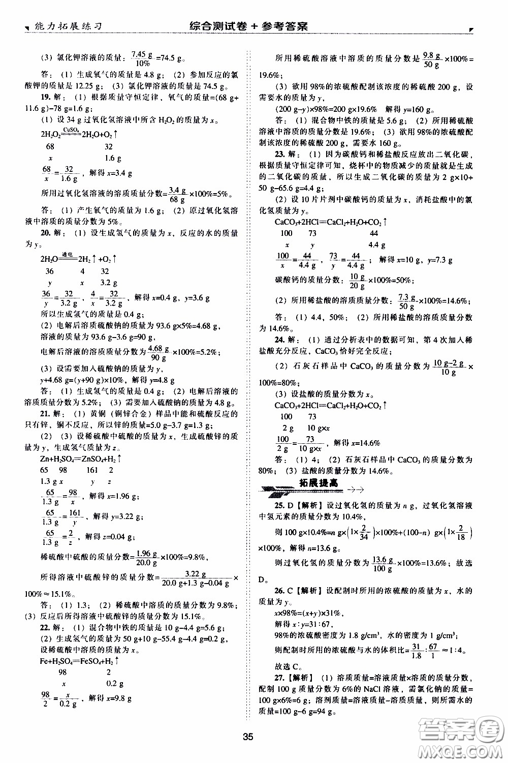 2020年能力拓展練習(xí)九年級(jí)下冊(cè)化學(xué)上教版參考答案