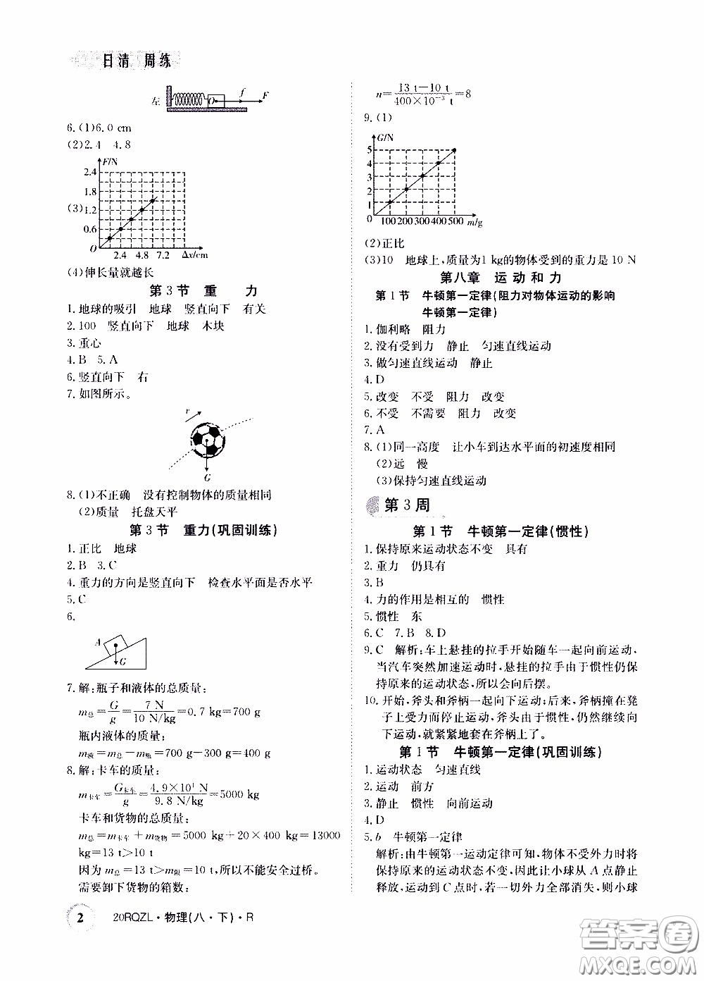 2020年日清周練限時提升卷物理八年級下冊R人教版參考答案