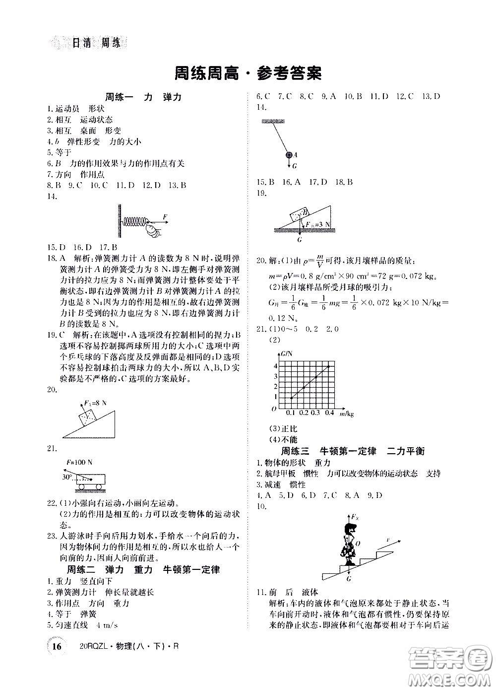 2020年日清周練限時提升卷物理八年級下冊R人教版參考答案