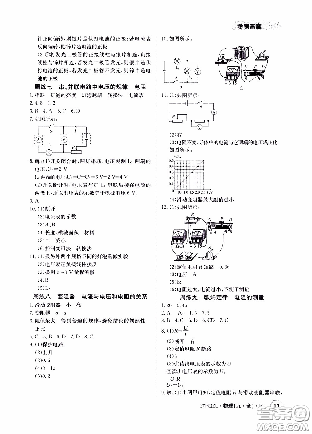 2020年日清周練限時提升卷物理九年級全一冊R人教版參考答案