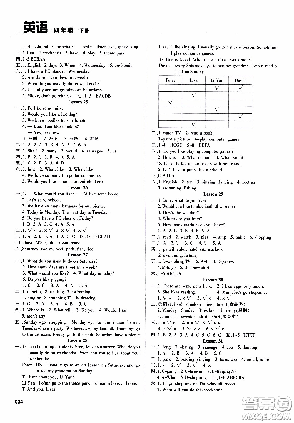 2020年學(xué)習(xí)質(zhì)量監(jiān)測(cè)英語(yǔ)四年級(jí)下冊(cè)人教版參考答案