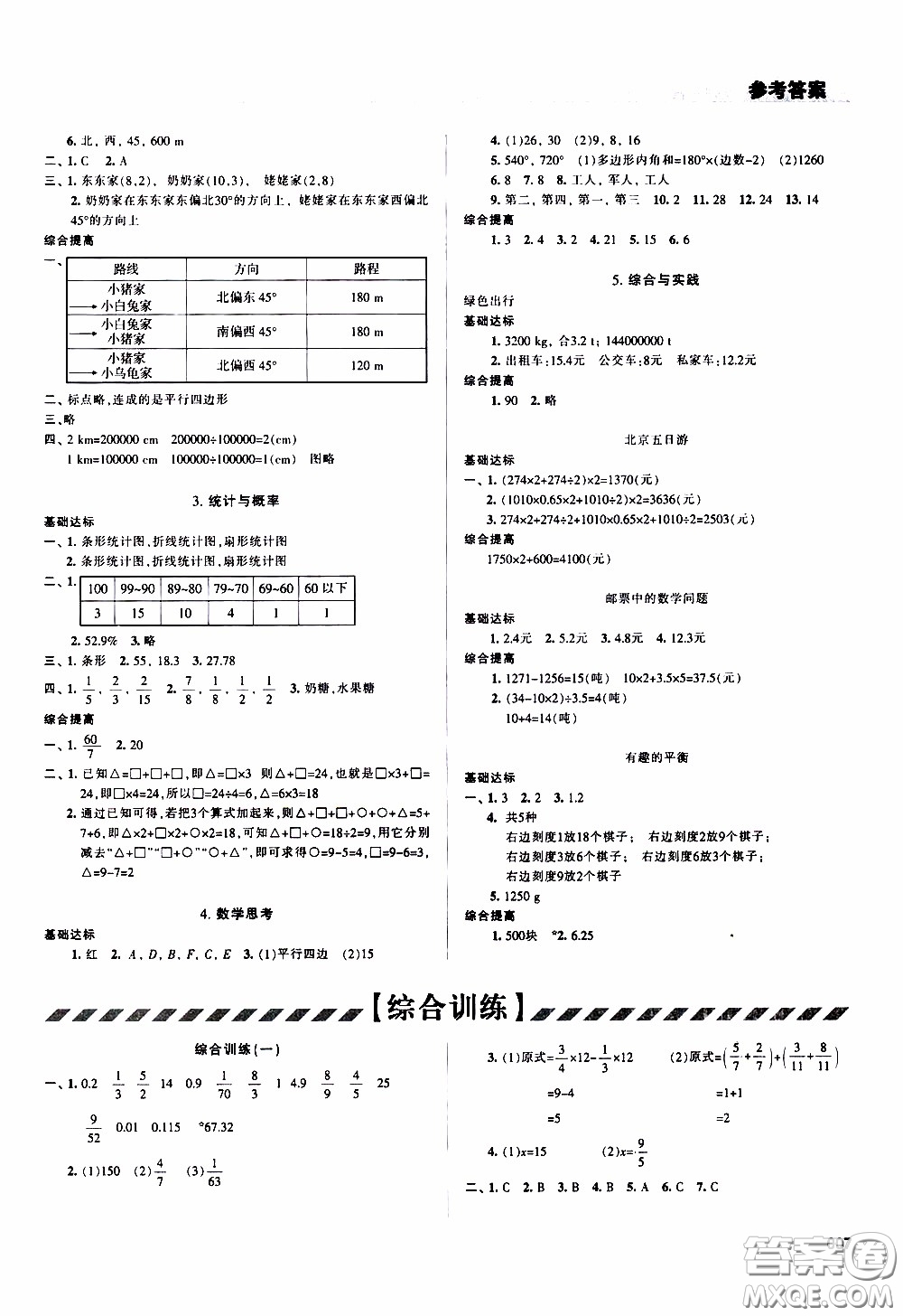 2020年學習質(zhì)量監(jiān)測數(shù)學六年級下冊人教版參考答案