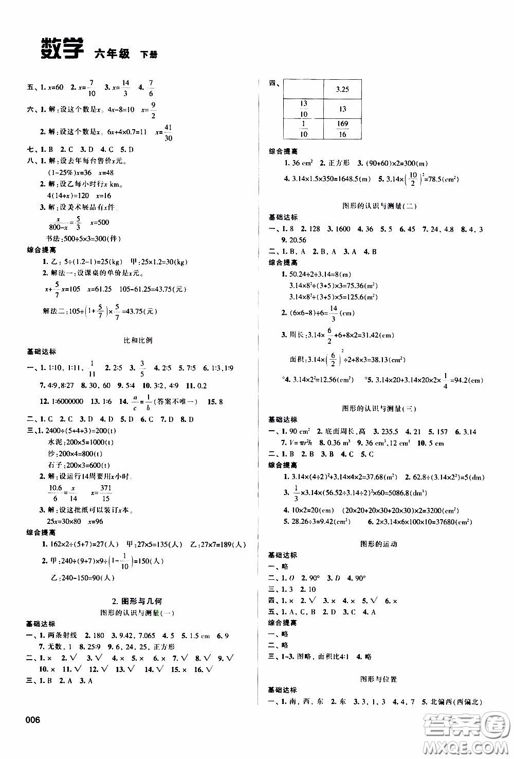 2020年學習質(zhì)量監(jiān)測數(shù)學六年級下冊人教版參考答案