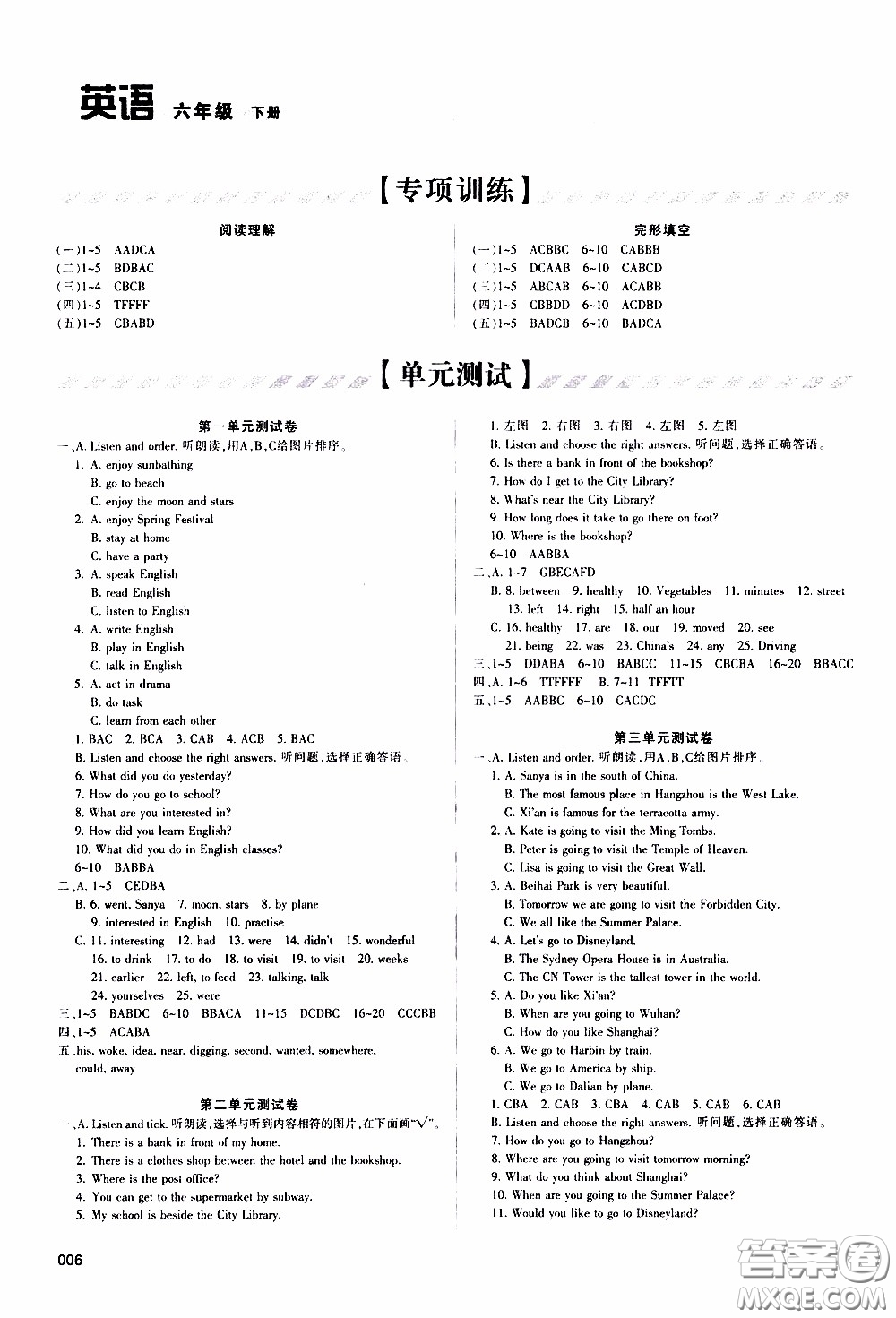 2020年學(xué)習(xí)質(zhì)量監(jiān)測英語六年級下冊人教版參考答案