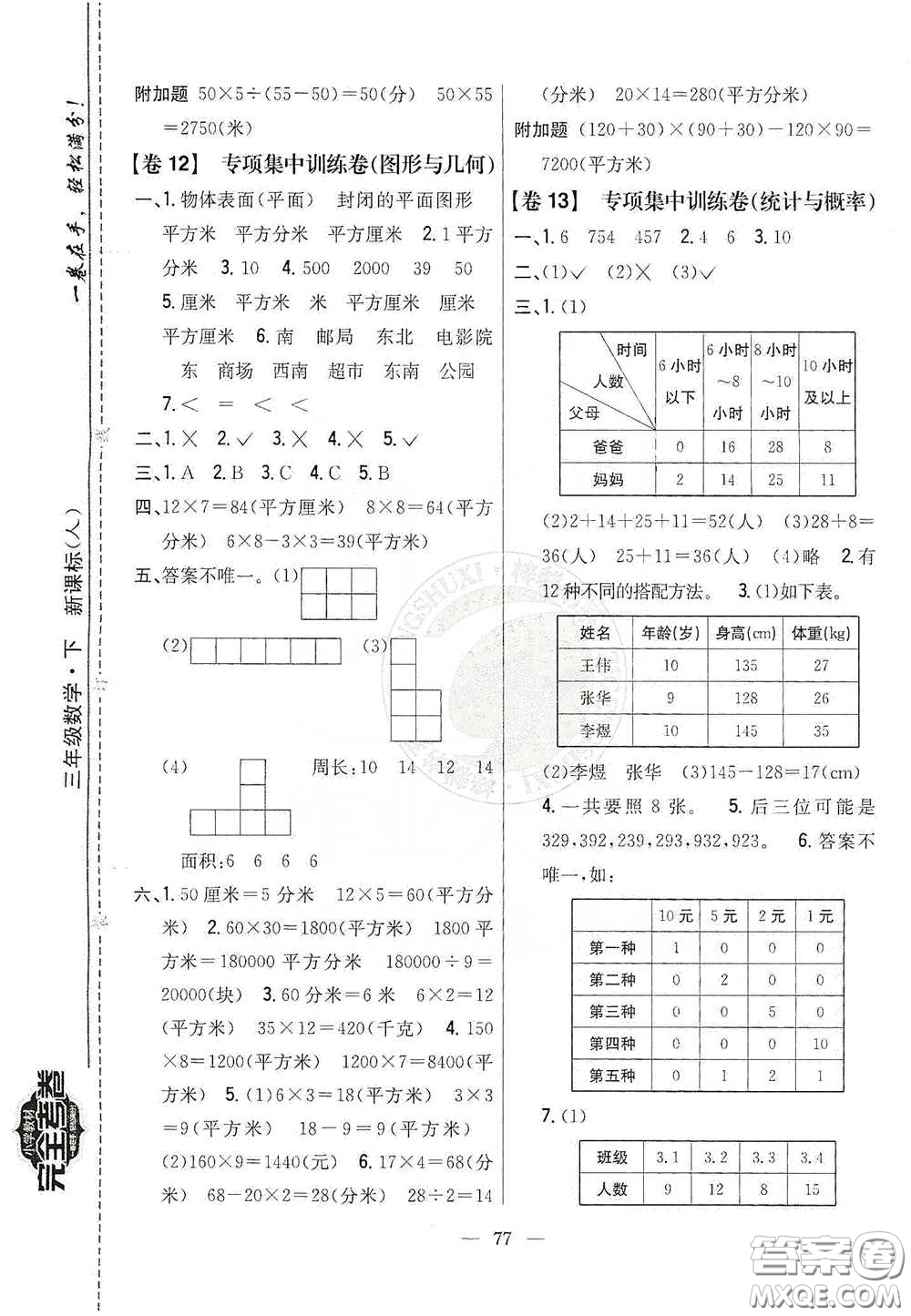 吉林人民出版社2020小學教材完全考卷三年級數(shù)學下冊新課標人教版答案