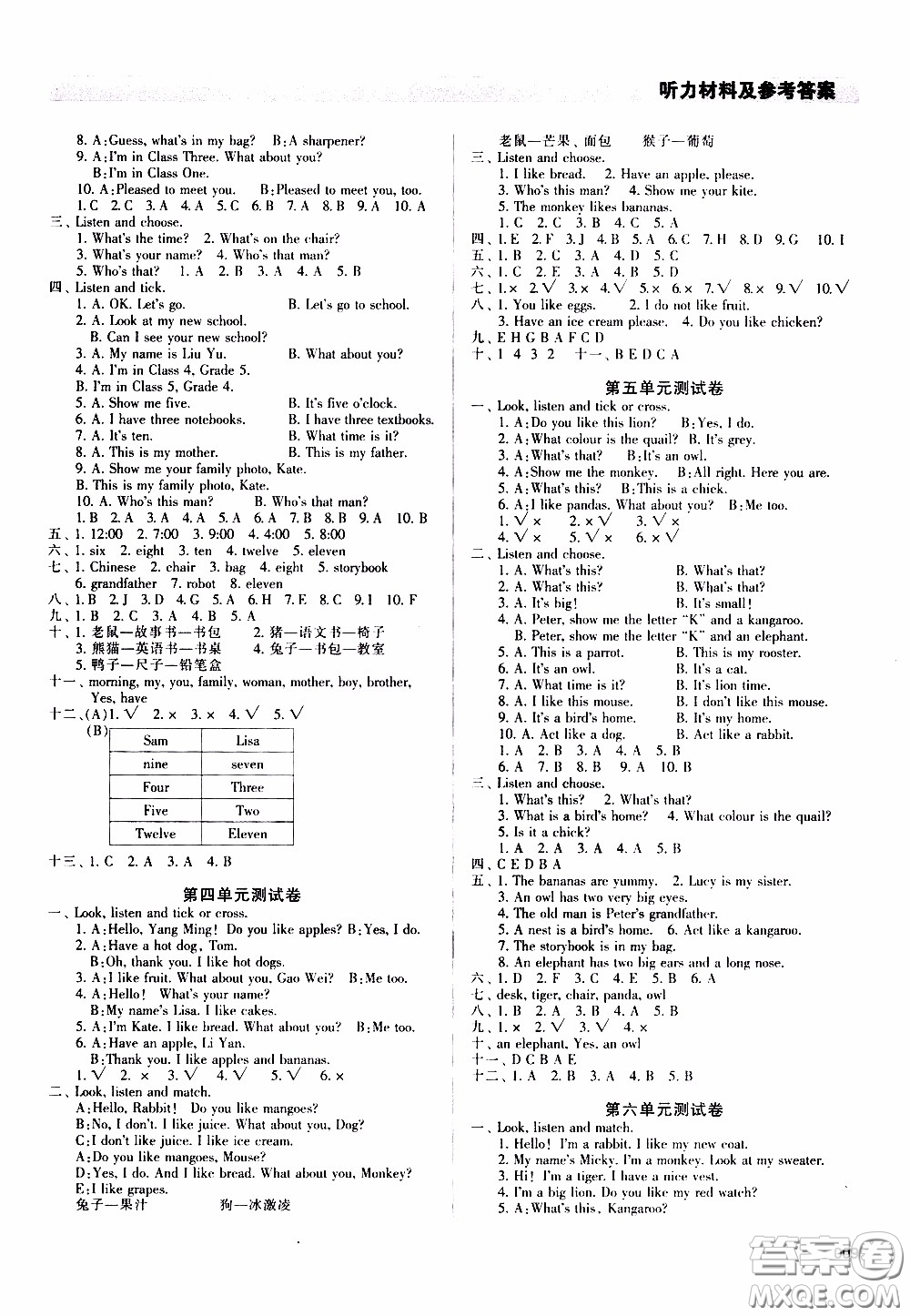 2020年學(xué)習(xí)質(zhì)量監(jiān)測(cè)英語三年級(jí)下冊(cè)人教版參考答案