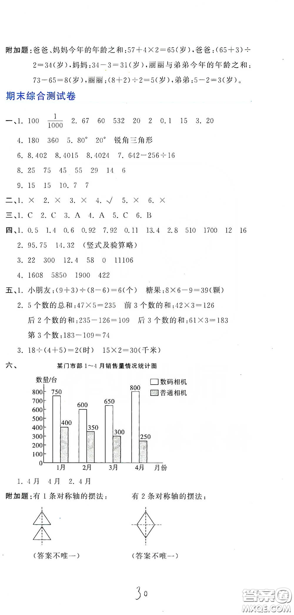 北京教育出版社2020新目標(biāo)檢測(cè)同步單元測(cè)試卷四年級(jí)數(shù)學(xué)下冊(cè)人教版答案