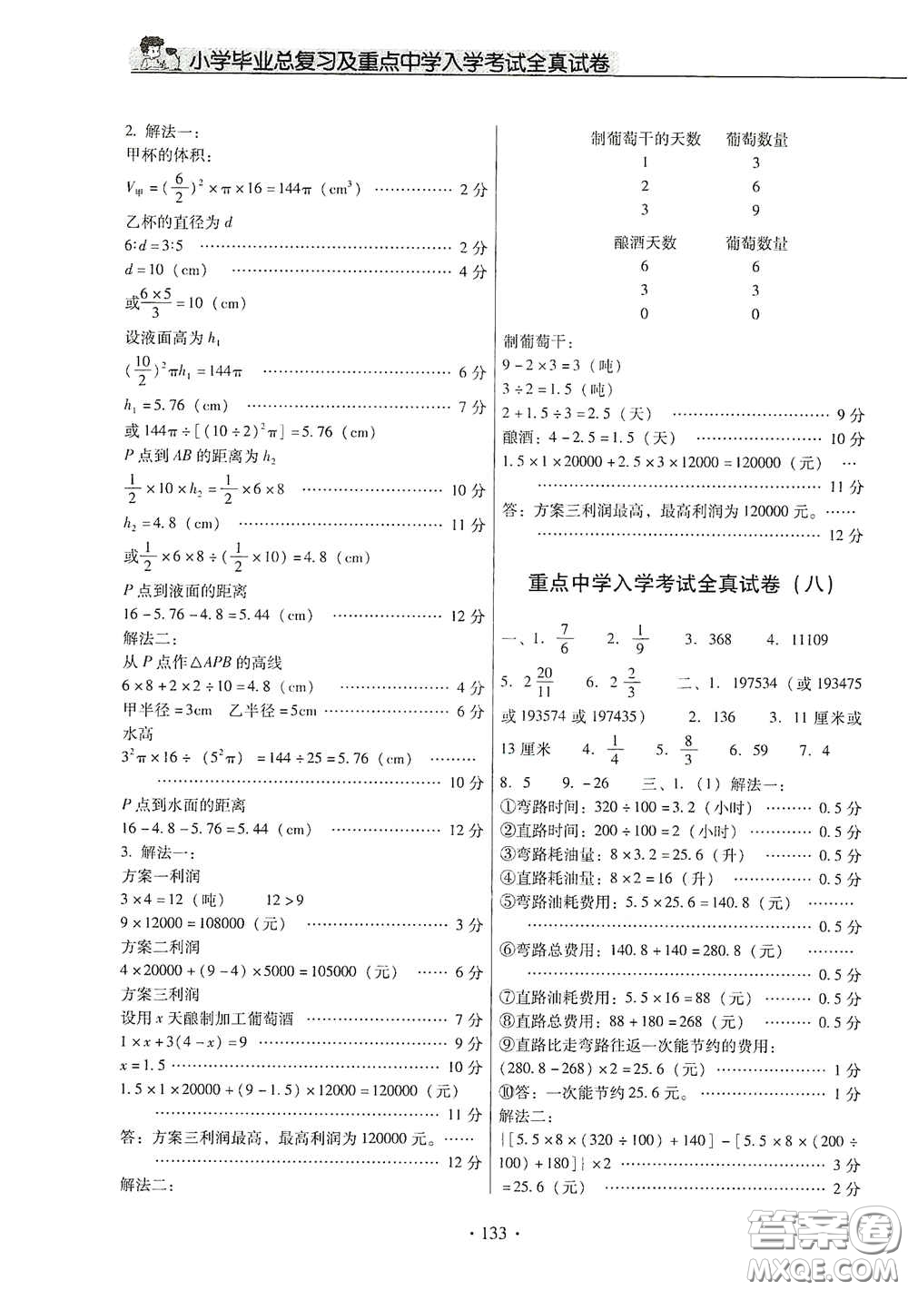 小學(xué)畢業(yè)總復(fù)習(xí)及重點中學(xué)入學(xué)考試全真試卷數(shù)學(xué)答案