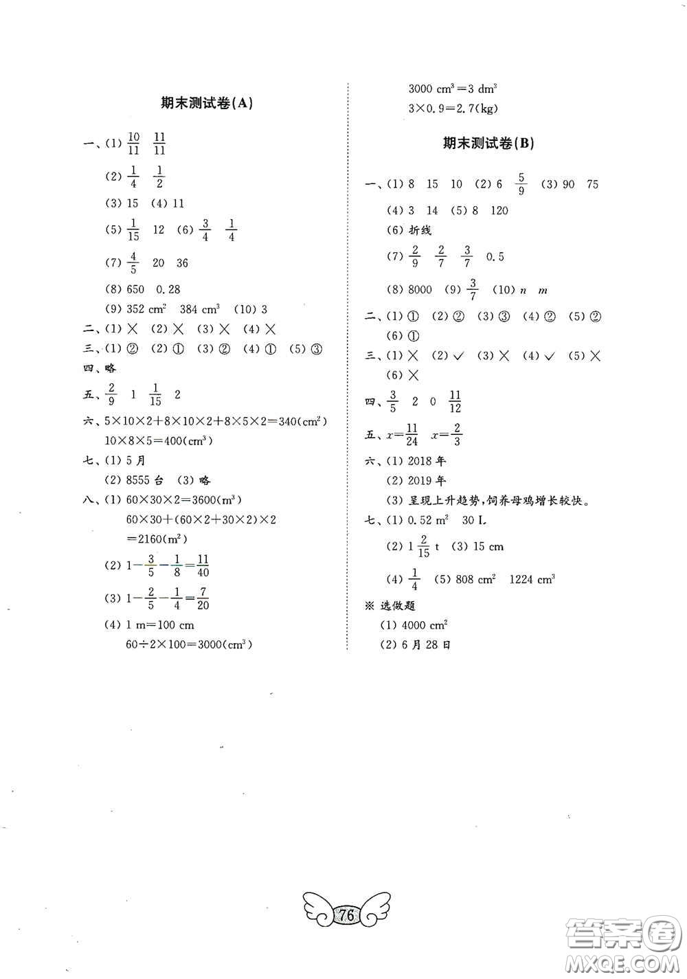 山東教育出版社2020金鑰匙小學(xué)數(shù)學(xué)試卷五年級(jí)下冊(cè)人教版答案