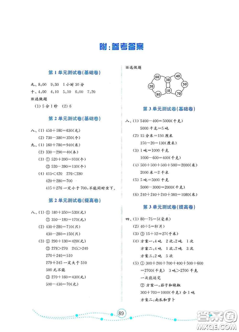 山東教育出版社2020金鑰匙小學(xué)數(shù)學(xué)試卷三年級下冊人教版答案